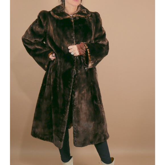 Vintage Brown Shredded Mink Fur Collared Button Down Long Coat Size M - Picture 1 of 11
